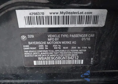2016 BMW 328I from USA, damaged, VIN WBA8E9G58GNT84212